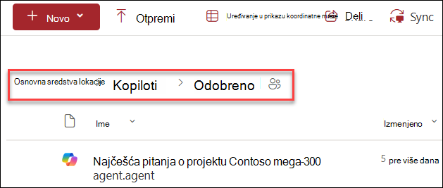 snimak ekrana strukture fascikle gde da sačuvate odobreni Copilot agent