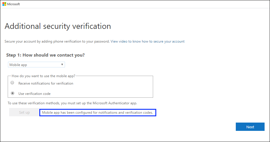 Additional security verification page, with success message
