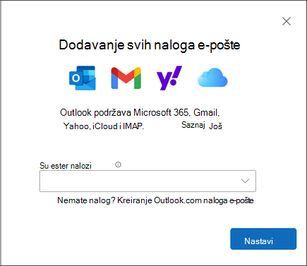 Dijalog "Dodavanje naloga" u novom programu Outlook za Windows