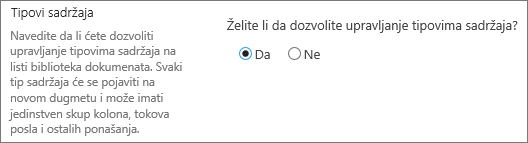 The allow management of content types button under Advanced setting