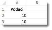 Podaci u ćelijama A2 i A3 na Excel radnom listu