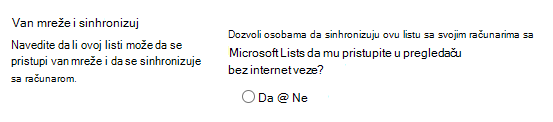 Postavka van mreže i sinhronizacije za liste