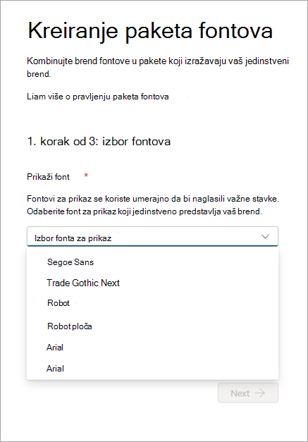 snimak ekrana kreiranja paketa fontova