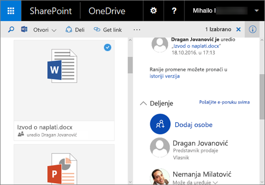 Snimak ekrana okna „Detalji“ u usluzi OneDrive for Business u sistemu SharePoint Server 2016 sa paketom 1 sa novim opcijama