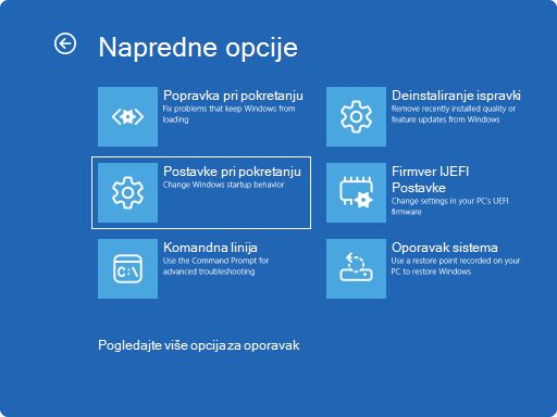 Snimak ekrana operativnog sistema Windows RE – napredne opcije.