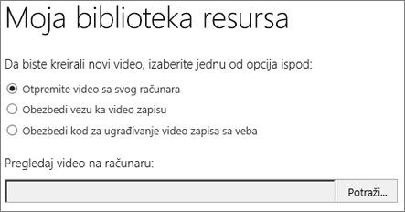 Dijalog "Kreiranje novog video zapisa" sa upload hightlighted