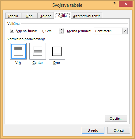 Cell tab in the Table Properties dialog box