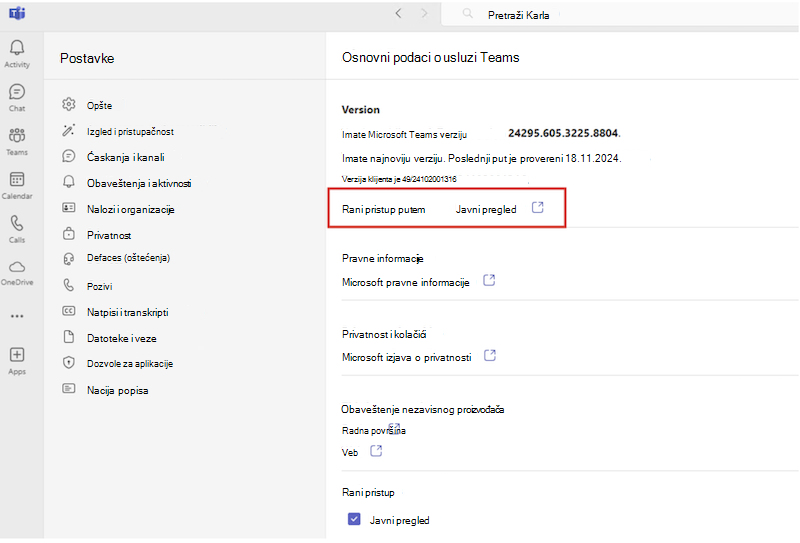 Rani pristup aktivan u usluzi Teams