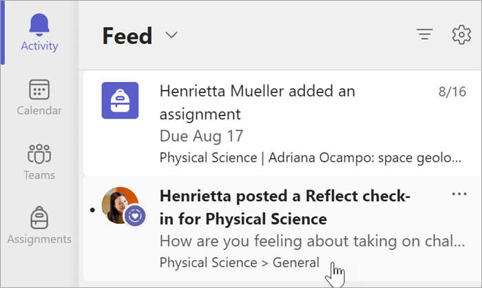 screenshot of the entrypoint to reflect through a notification in teams activity