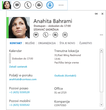 Snimak ekrana liste kontakta sa izabranom ikonom kontakt kartice i prikazanom odgovarajućom kontakt karticom