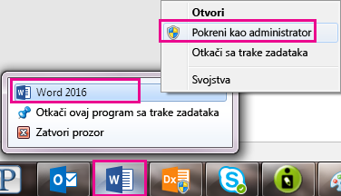 Kliknite desnim tasterom miša na ikonu programa Word, a zatim kliknite desnim tasterom miša reč da ponovo pokrenete program kao administrator.