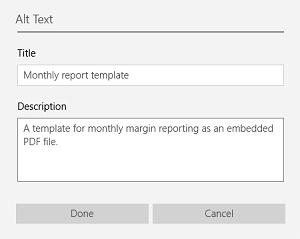 Primer alternativnog teksta za ugrađenu datoteku u programu OneNote za Windows 10.