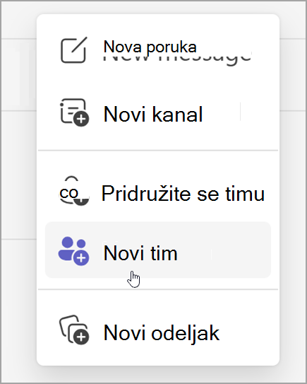 Snimak ekrana opcije za kreiranje novog tima. Otkriva kada izaberete opciju novih stavki.