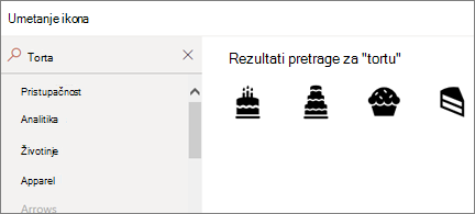 Insert icons page with "Cake" in the search box and 4 different cake icons displayed