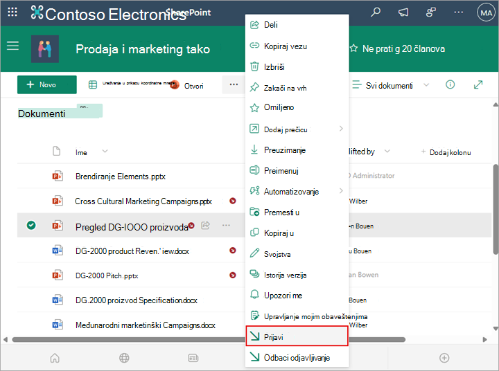 Izaberite komandu za prijavljivanje da biste datoteku prijavili nazad u biblioteku.