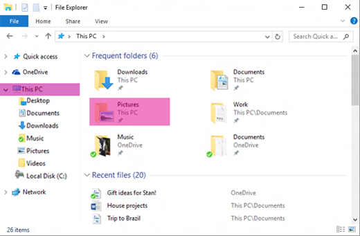 Prozor operativnog sistema Windows Istraživač datoteka visokog nivoa, sa istaknutom fasciklom "Slike"