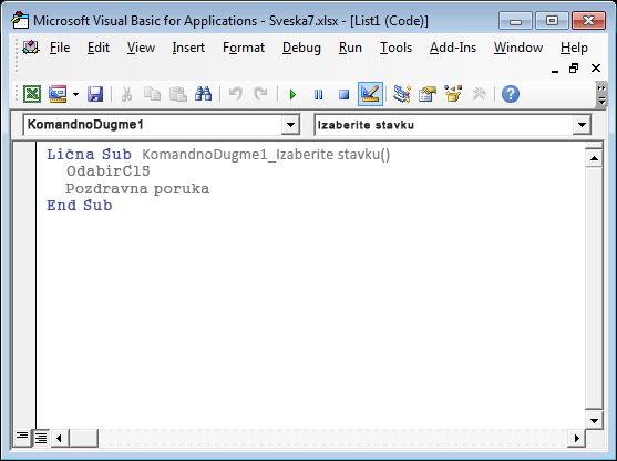 Potprocedura u programu Visual Basic Editor