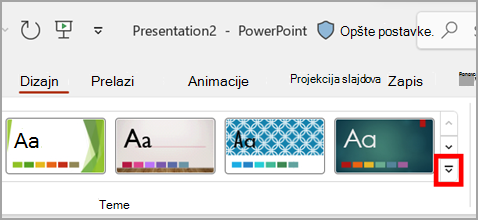 Strelica padajućeg menija u odeljku Teme na kartici Dizajn u programu PowerPoint.
