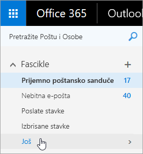 Snimak ekrana kursora koji se nalazi iznad dugmeta „Više“ u oknu za navigaciju u programu Outlook na Vebu.