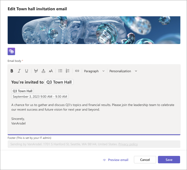 Screenshot showing how to edit town hall email invitations