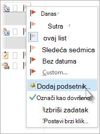 U okviru Zadaci kliknite desnim tasterom miša na zadatak, a zatim izaberite stavku Dodaj podsetnik.