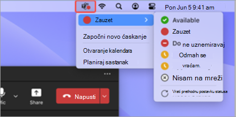 Snimak ekrana koji prikazuje ikonu Aplikacije Teams na Mac traci sa menijima izabranom sa dostupnim radnjama sa brzim pristupom.