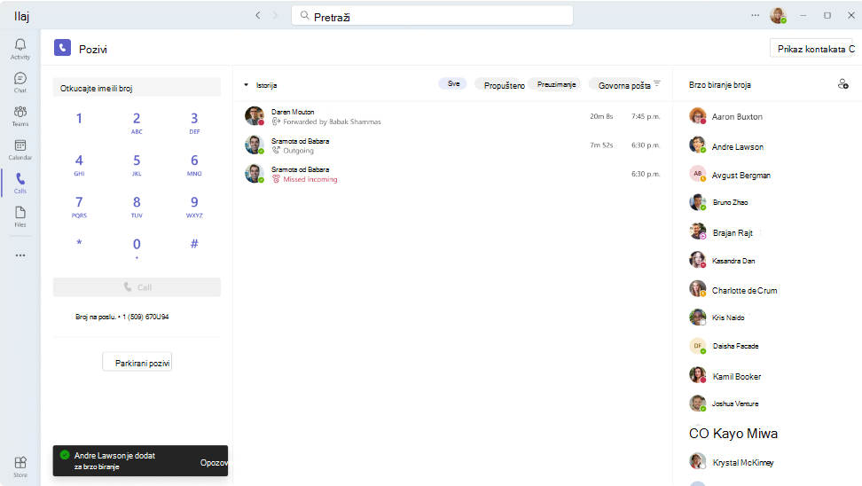 Snimak ekrana toka posla "Dodavanje u brzinu biranja" u aplikaciji Teams Osobe