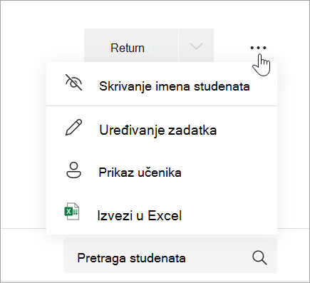 Padajuće liste "Više opcija" sa prikazanim opcijama "Sakrij imena studenata", "Uređivanje zadatka", "Prikaz učenika" i "Brisanje zadatka".