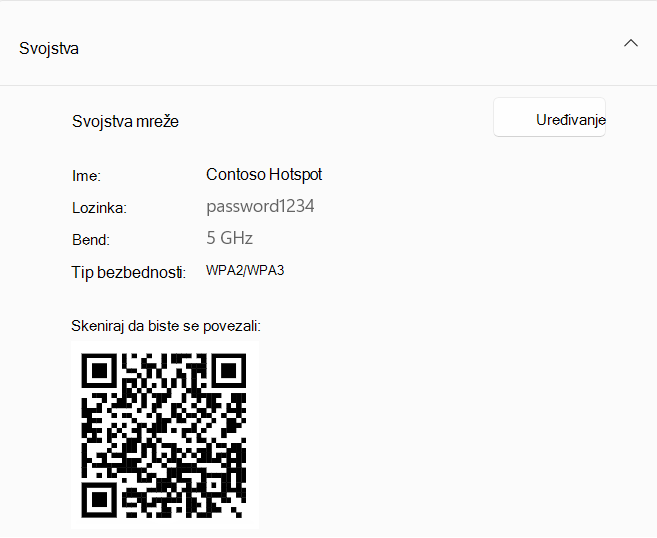 Snimak ekrana QR koda koji se koristi za povezivanje sa Windows uređajem koji se ponaša kao hotspot.