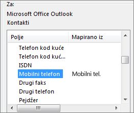 „Mobilni tel.“ se mapira sa Outlook poljem „Mobilni telefon“