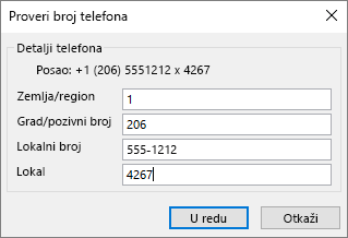 U programu Outlook, na kontakt kartici, u okviru Brojevi telefona odaberite opciju i ažurirajte dijalog Provera broja telefona po potrebi.