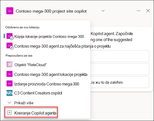Snimak ekrana kreiranja novog Copilot agenta iz okna za ćaskanje