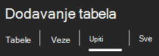 Tabs on the top of the Add Tables task pane