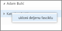 Stavka „Ukloni deljenu fasciklu“ iz menija koji se dobija kada kliknete desnim tasterom miša u aplikaciji Outlook Web App