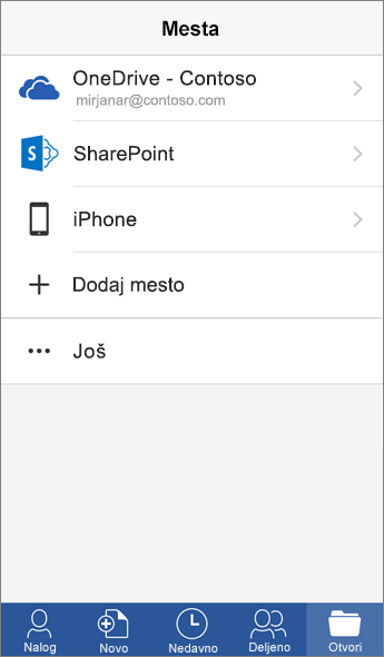 Snimak ekrana „Mesta“ ekrana u aplikaciji Word za mobilne uređaje.