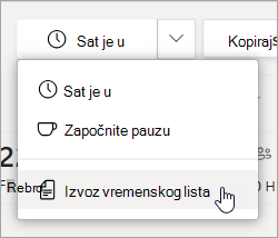 Opcija "Izvezi vremenski list" u opciji "Smene" za izvoz izveštaja vremenskog lista tima.