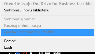 Snimak ekrana komande „Zaustavi sinhronizaciju fascikle“ prilikom klika desnim tasterom miša na OneDrive for Business klijent za sinhronizaciju