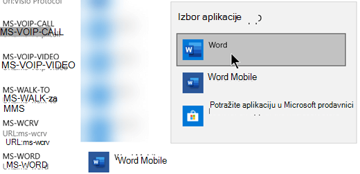Prebacivanje sa programa Word mobilni na Word za protokol koji otvara predloške sa veba.