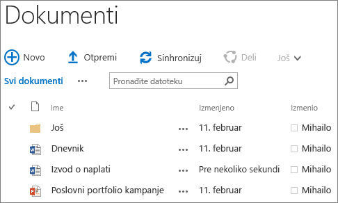 Snimak ekrana biblioteke dokumenata u sistemu SharePoint Server 2016