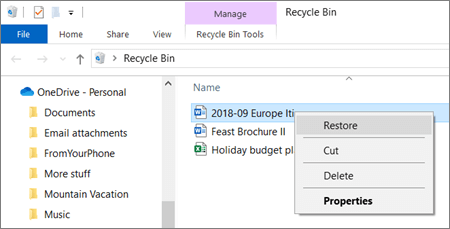 Right-click menu to recover a deleted file from Recycle Bin