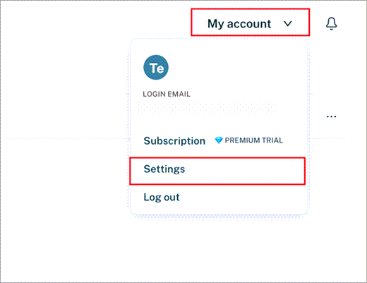 The My account menu of Dashlane with the Settings option highlighted.