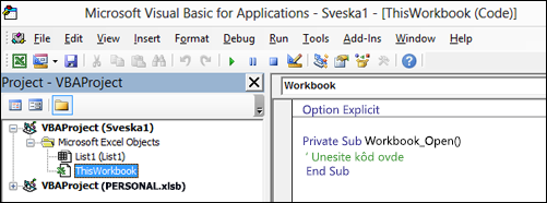 Ovaj modul "Radna sveska" u programu Visual Basic Editor (VBE)