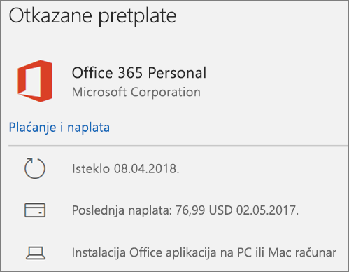 Prikazuje pretplatu na Office 365 koja je istekla