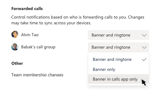 Selecting Banner in calls app only for Alvin Tao's forwarded calls in Settings