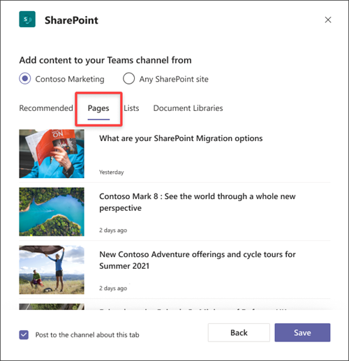Dodavanje stranice SharePoint kao kartice u programu Teams