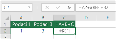 Greška #REF! izazvana brisanjem kolone.  Formula je promenjena u =A2+#REF!+B2