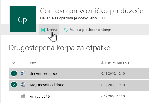 Recikliranje drugog nivoa usluge SharePoint Online sa istaknutim dugmetom "Izbriši"