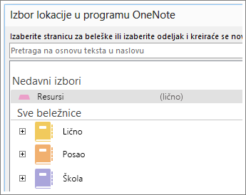 Snimak ekrana prozora programa OneNote u kojem možete da odaberete stranice za hvatanje Skype beležaka.