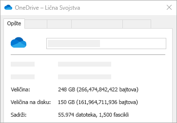 Svojstva OneDrive veličine na disku