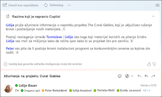 Rezime niti e-pošte sa citatima koje je kreirala funkcija Copilot